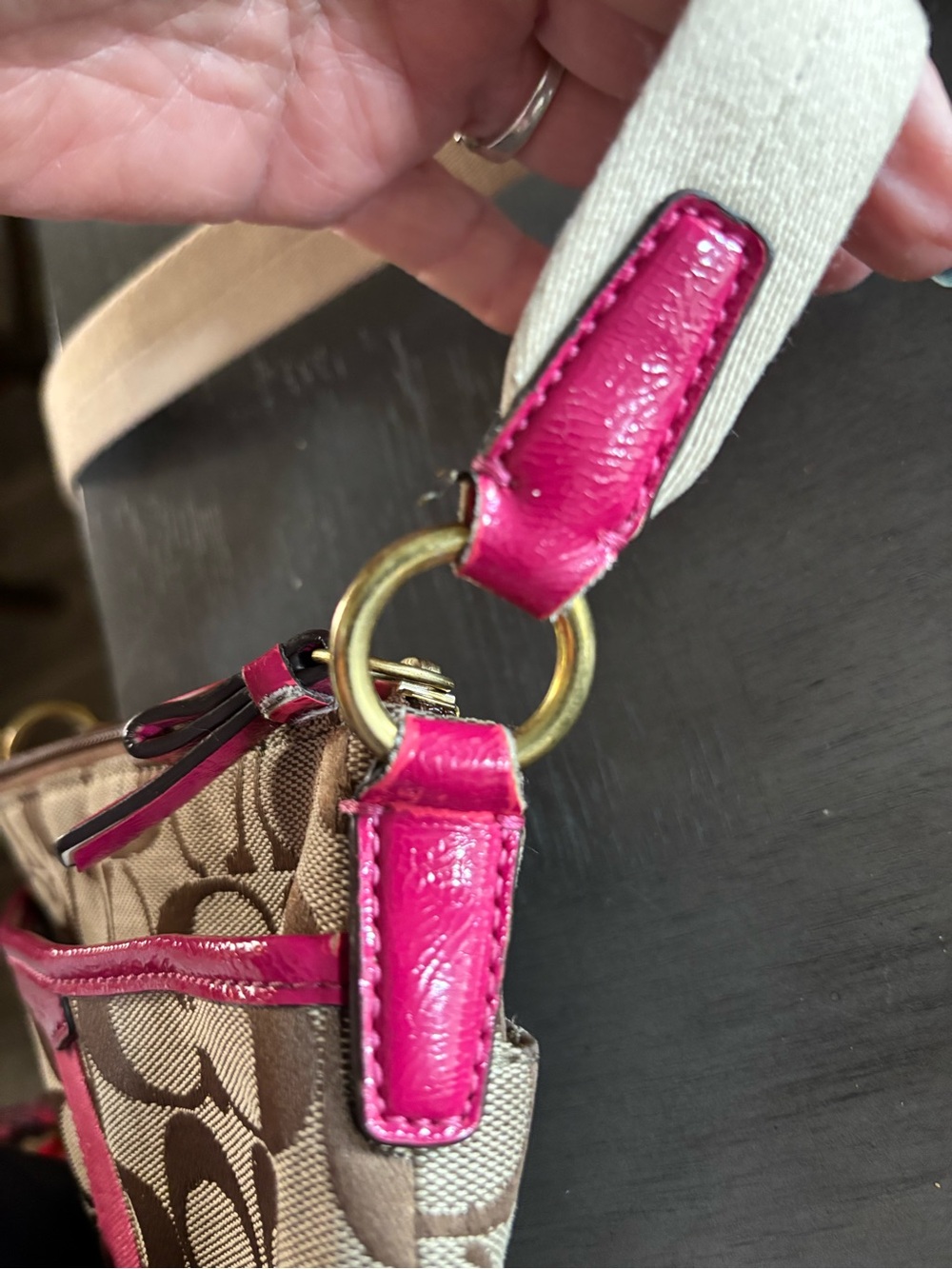 Coach Brown Signature Crossbody with Pink Stripe and White Strap - Picture 12 of 13